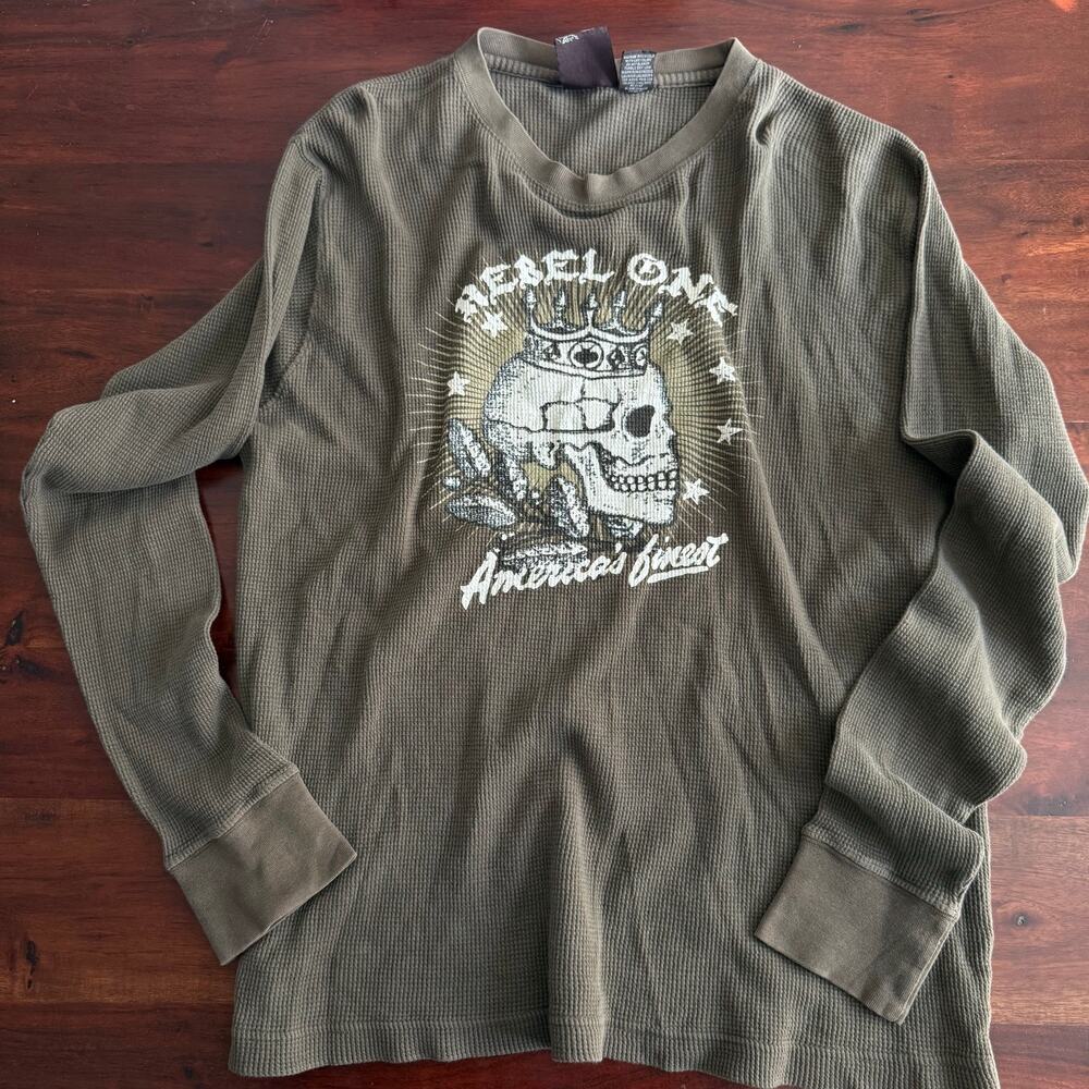 Vintage Point Zero Thermal waffle knit green shirt long sleeve skull stars